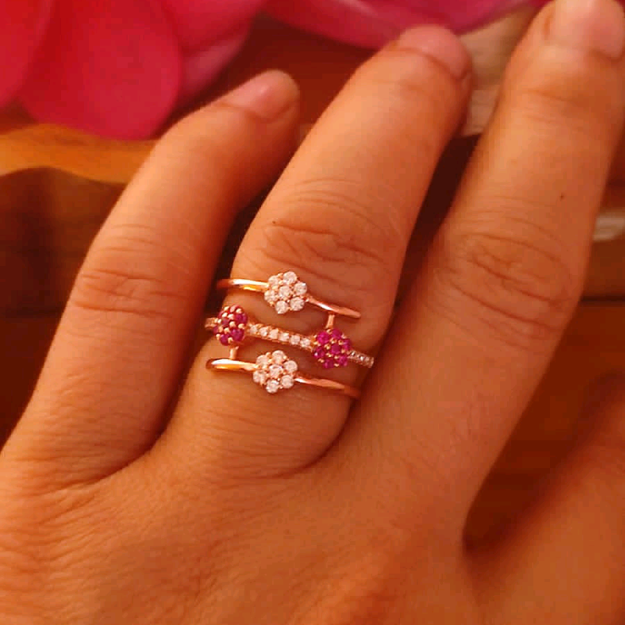Pink CZ Floral Rose Gold Ring 